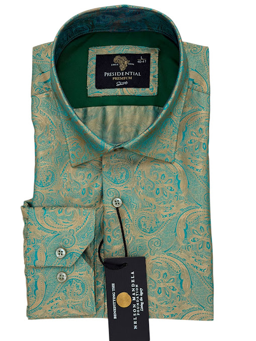 Presidential Premium Teal & Gold Paisley Pattern Jacquard Shirt